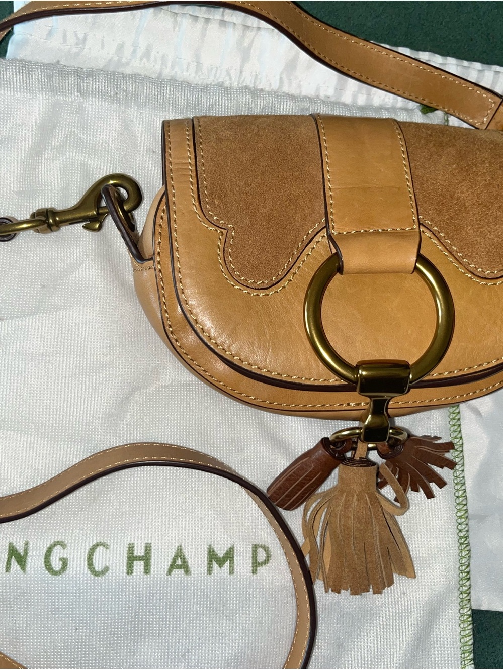 Faye Toogood Tan Leather & Suede Mini Saddle Bag with Tassel